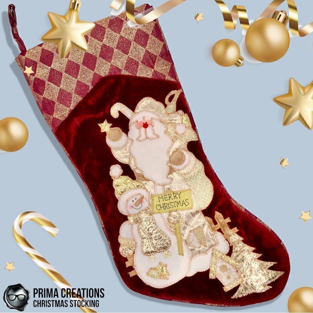 VINTAGE  CHRISTMAS STOCKING APPLIQUÉ SANTA & SNOWMAN VELVET FELT IN RED & GOLD